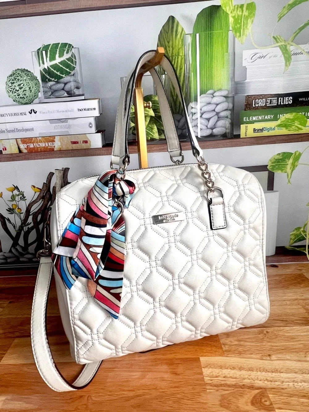 Kate Spade Alessa Astor Court Cream Quilted Satchel Bag with Scarf Accent - Picture 3 of 13